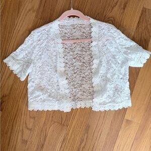 SHEIN Ivory Lace Open-Front Top XXL 
Beautiful shear over tank or dress